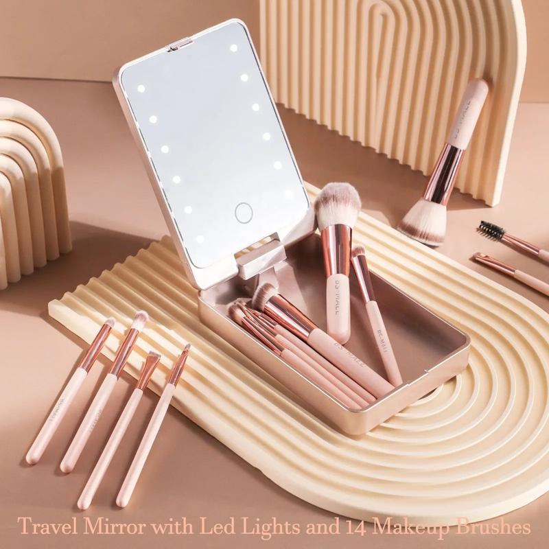 BS-MALL 14PCS Travel Makeup Brush Set LED Light Mirror Private Label Portable LED Mirror Cosmetic Makeup Brushes Set