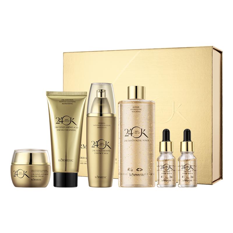 24K Gold Skin Care Set 6-Piece Collection 24K Skincare Set with Facial Cleanser, Face Serum 2pcs, Eye Cream, Essence Milk, Toner, Anti-Aging Skin Care Kit For Women