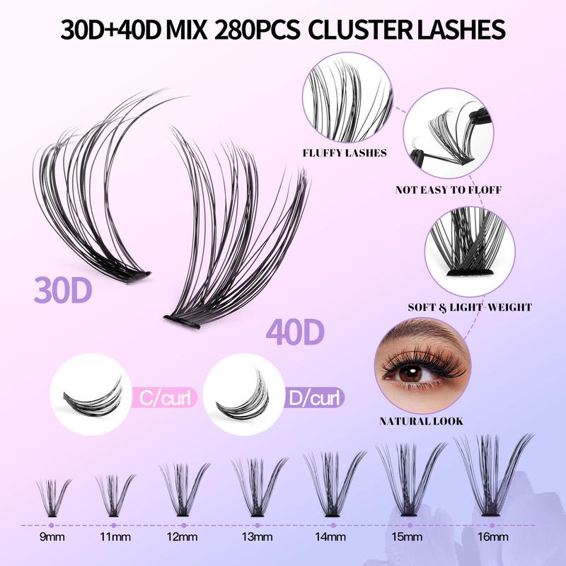 DIY Eyelash Extension Kit 280 Pieces Eyelash Cluster Kit Single Eyelash Natural 9-16mm Adhesive Seal Tweezers Eyelash Glue Remover False Eyelashes for Beginners Eyelash Extension at Home