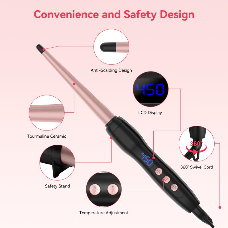 Curling Wand for Long Hair,3 4 Inch Tapered Hair Wand Curling Iron with LCD Display,0.35-0.75 Inch Hair Curling Wand 14 Adjustable Temp 100°C-230°C(210°F-450°F),110-240V Instant Heating Wand Curler