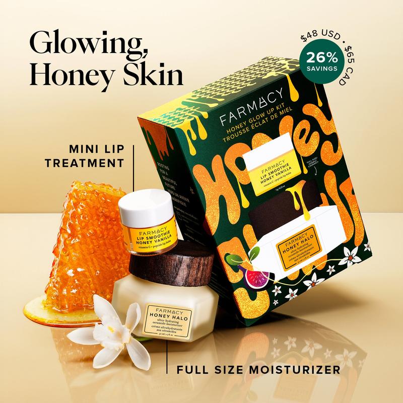 Farmacy Honey Glow Up Gift Set - Includes Honey Halo Ceramide Face Moisturizer + Travel Size Honey Vanilla Lip Smoothie - Preps & Plumps Skin for Makeup Application (2 Count)