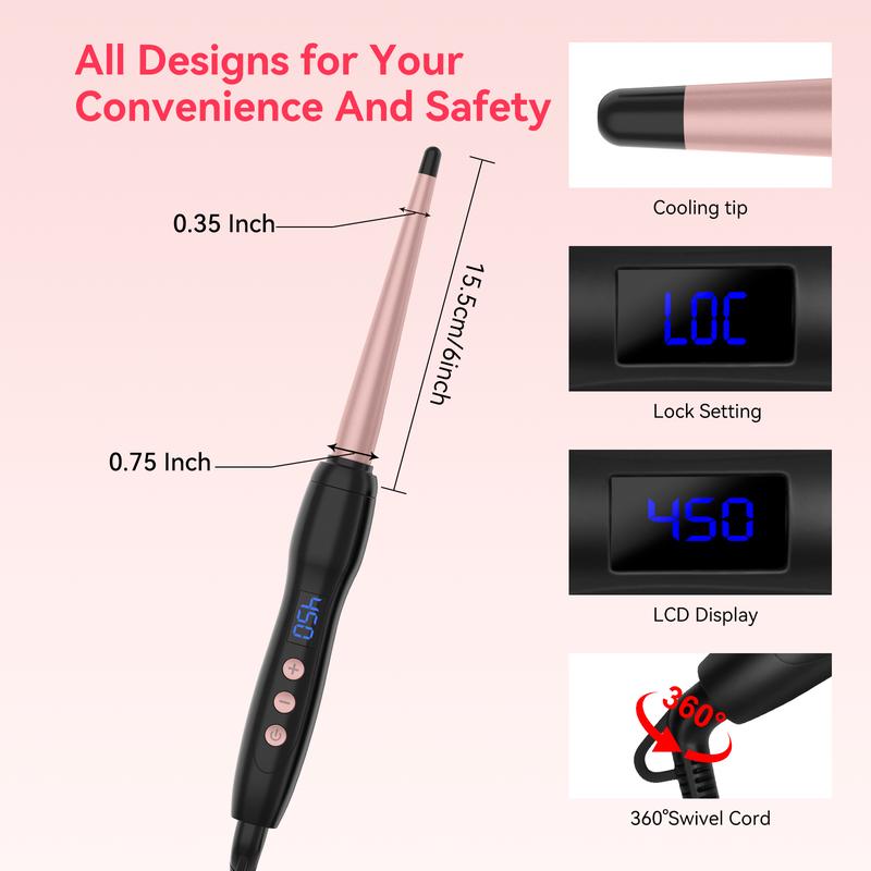 Curling Wand for Long Hair,3 4 Inch Tapered Hair Wand Curling Iron with LCD Display,0.35-0.75 Inch Hair Curling Wand 14 Adjustable Temp 100°C-230°C(210°F-450°F),110-240V Instant Heating Wand Curler