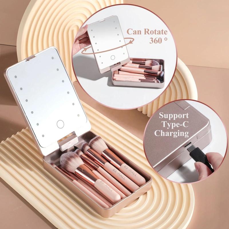 BS-MALL 14PCS Travel Makeup Brush Set LED Light Mirror Private Label Portable LED Mirror Cosmetic Makeup Brushes Set