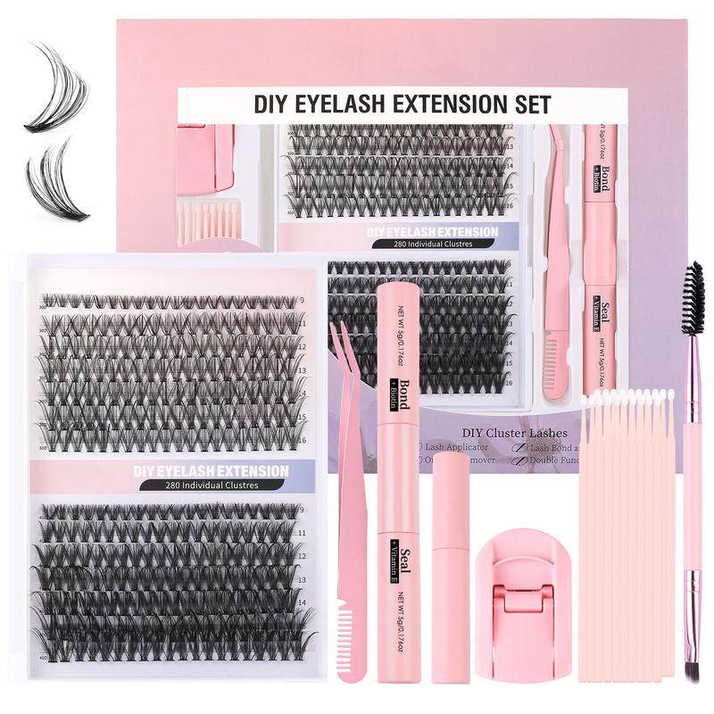 DIY Eyelash Extension Kit 280 Pieces Eyelash Cluster Kit Single Eyelash Natural 9-16mm Adhesive Seal Tweezers Eyelash Glue Remover False Eyelashes for Beginners Eyelash Extension at Home