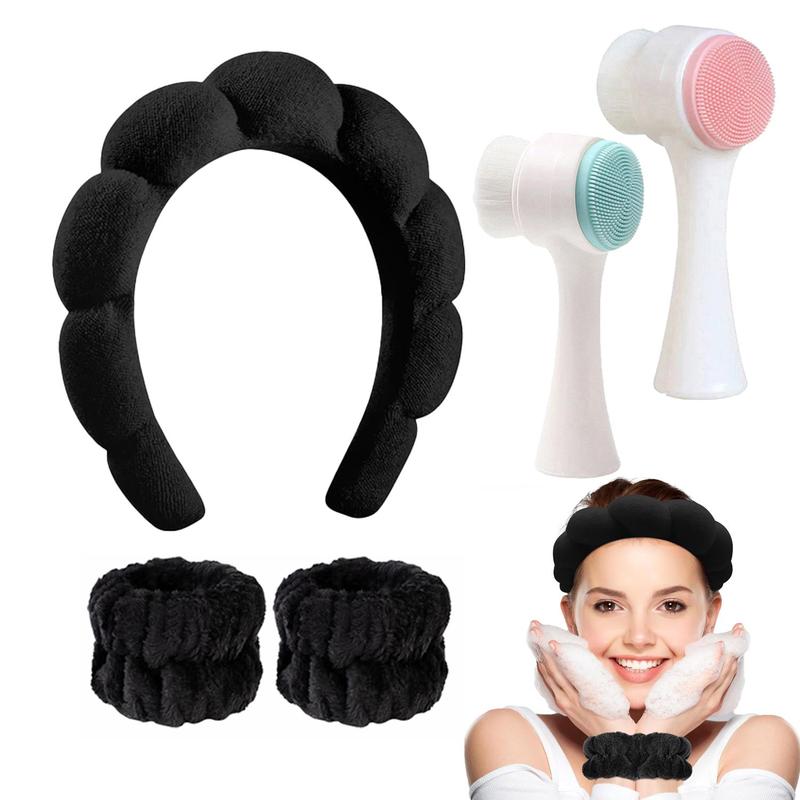 Skincare Tools Kit, 1 Count Hair Band & 2 Counts Wristband & 2 Counts Silicone Double-sided Facial Cleansing Brush, Pore ​​Cleanser