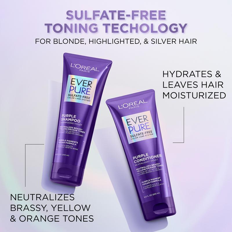 Sulfate Free Purple Shampoo for Blonde, Bleached, Silver, or Brown Highlighted Hair, EverPure, 6.8 Fl Oz, L’Oreal Paris