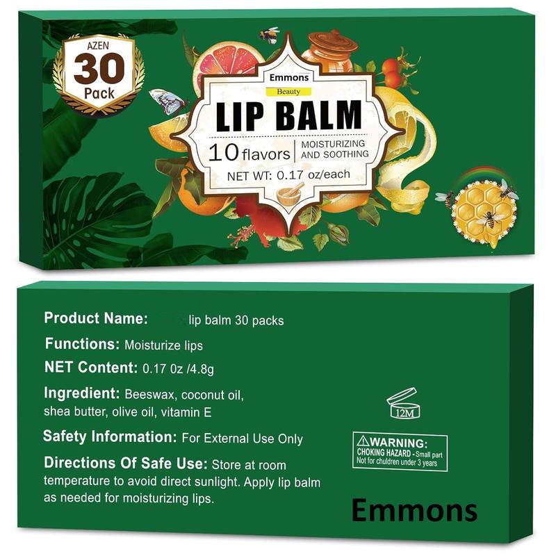 30-Pack Moisturizing Lip Balm by Emmons Skincare - Hydrate Your Lips in 10 Delicious Flavors Comfort Moisture Moisturize Moisturizer