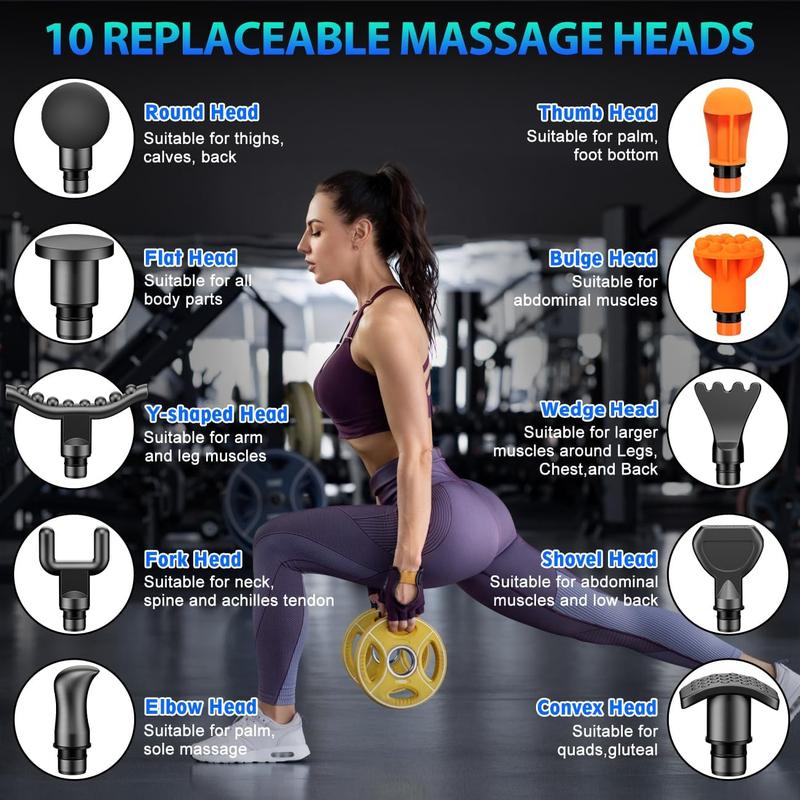 Massage Gun, Deep Tissue Massage for Athletes' Backs, Impact Massager with 10 Massage Heads and Silent Brushless Motor, Cordless-Gifts for Pain Relief