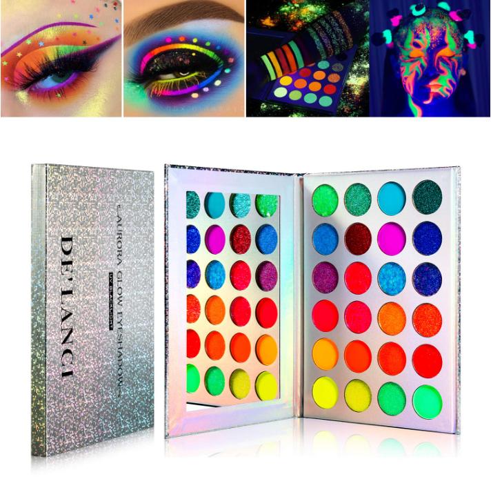 DE'LANCI Neon Eyeshadow Palette Glow in the Dark, Aurora Glow Eyeshadow Pallets Stage, Halloween Christmas Makeup Kit UV Blacklight Matte and Glitter Fluorescent Eye Shadows Highly Pigment