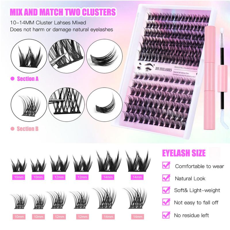 Lash Extension Kit Lash Clusters Multi-types Individual Lashes Natural Bottom, Light Volume, 30D 40D Clusters Eyelash Extension Kit with Lash Bond and Seal, Lash Applicator for Self Use