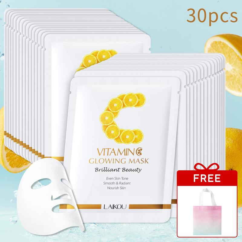 Vitamin C Glowing Moisturizing Facial Mask, 30pcs set Hydrating Face Mask with Storage Bag, Face Care Product for Women & Men