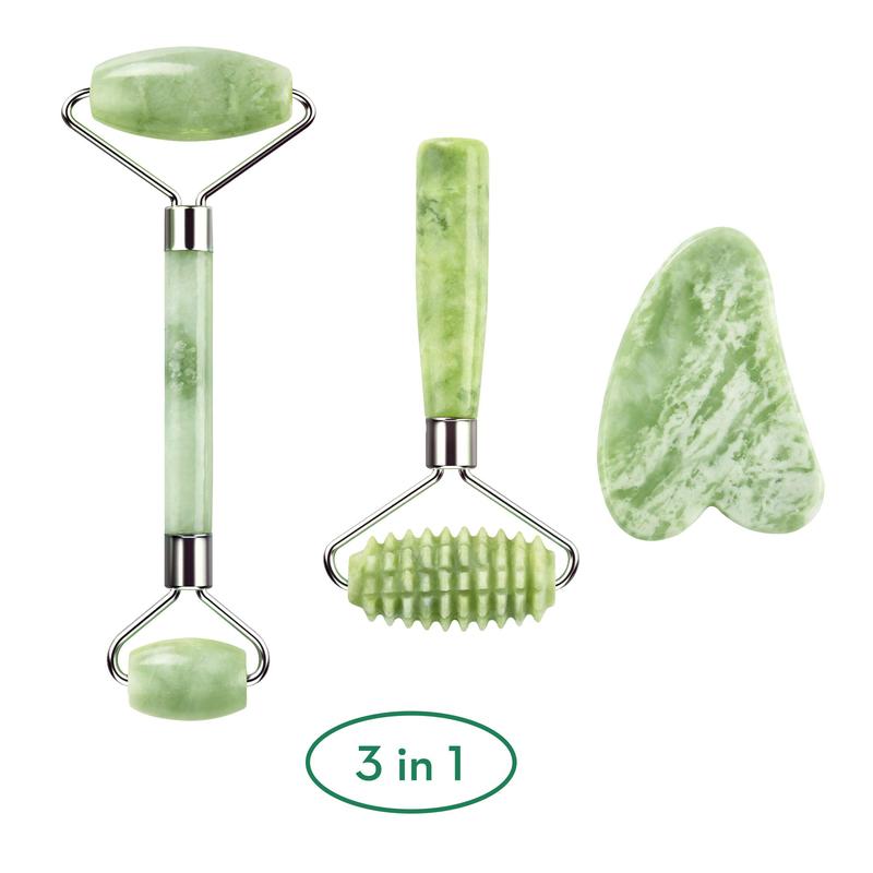 Jade Roller and Gua Sha for Face-3 in 1 Kit with Facial Massager Tool,100% Real Natural Jade Stone Anti Aging,Face Beauty Set for Eye Anti-Wrinkle