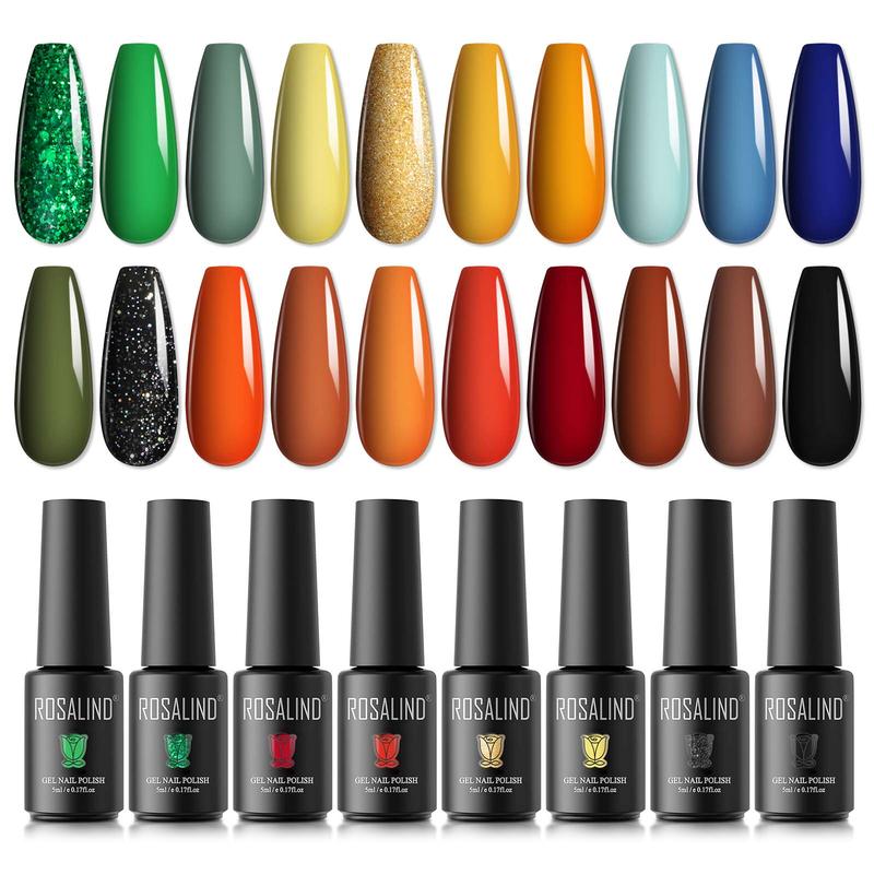 ROSALIND 20PCS Gel Nail Polish Set, Green Yellow Orange Blue Gel Colors Polish, Soak off Colorful Gel Collection Pumpkin Color Home Manicure Set