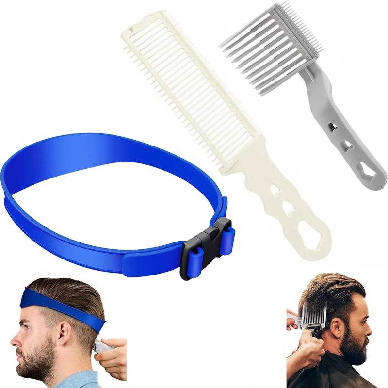 Fade Hair Trimming Guide for Men Haircut with Fade Comb Set, Neckline Shaving Template and Clipper Comb, Adjustable Curved Haircut Band for DIY Home Haircuts, Buzz and Taper Guide for Clippers Haircare Kit Brush Handle