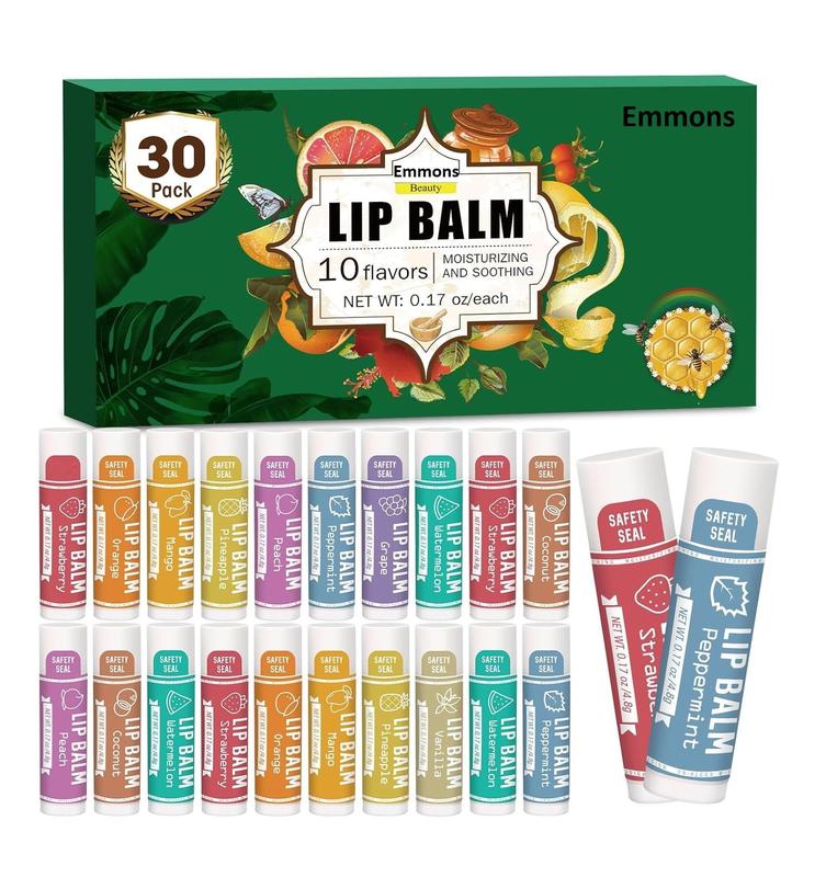 30-Pack Moisturizing Lip Balm by Emmons Skincare - Hydrate Your Lips in 10 Delicious Flavors Comfort Moisture Moisturize Moisturizer