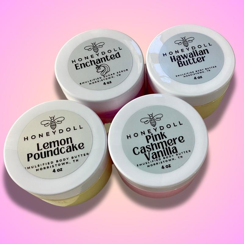 Top Seller Set of Four Emulsified Body Butter - Hawaiian Butter - Lemon Poundcake - Enchanted - Pink Cashmere Vanilla - Body Cream - Moisturizing