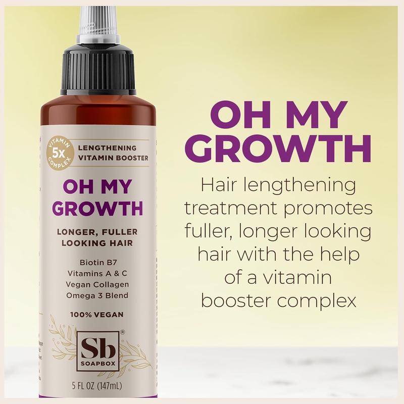 Soapbox Oh My Growth, Lengthening Vitamin Booster Treatment for All Hair Types with Biotin, Vegan Collagen & Vitamins A & C, Paraben & Cruelty Free, For Thicker, Fuller Hair for Men & Women (5 oz)