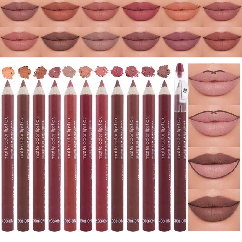 12 Pcs Natural Nude Brown Beige Colors Lip Liner Lipstick Pencils Set for Daily Makeup,Easy to Apply & Remove,Waterproof (set08) Cosmetic Lipliner Matte Eyeliner