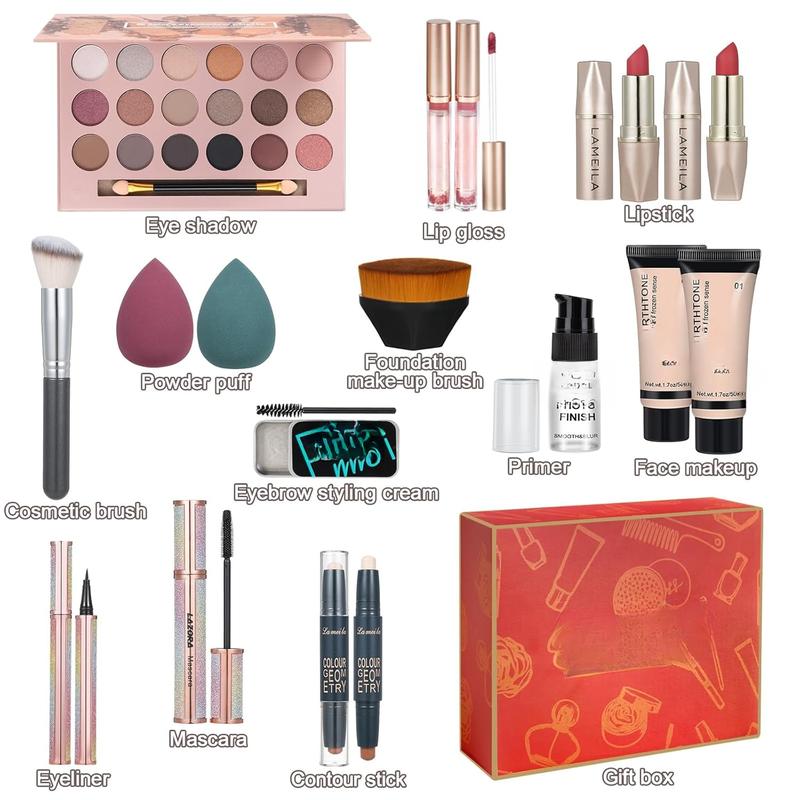 All in One Makeup Kit for Women Full Kit Gift Makeup Sets Makeup Gift Set for Women & Girls Makeup Essential Bundle Include 18Color Eyeshadow Palette  Brush Set