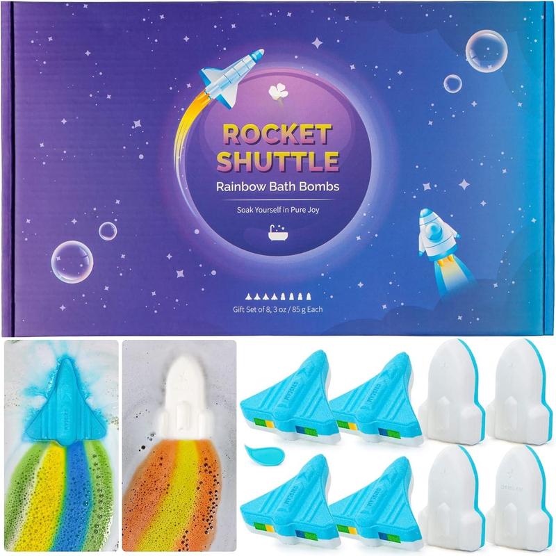 Bath Bombs for Kids, 8 XL Organic Kids Bath Bombs for Boys, Space Plane & Rocket Rainbow Bath Bombs for Toddlers Individually Wrapped, Bulk Birthday Gifts for Men Party Favors for Kids 4-8-12