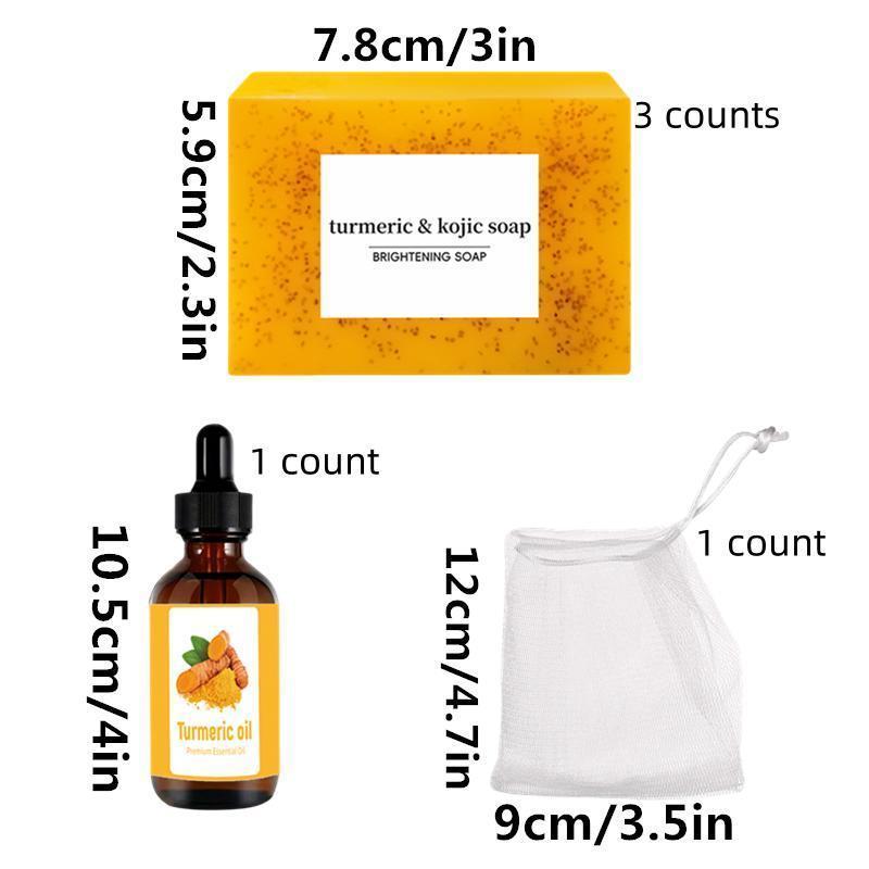 Turmeric Oil & Soap Set, 3 Counts Turmeric Soap Bar with 1 Count Soap Saver Bag & 1 Count Turmeric Essential Oil, Moisturizing Skin Care Set, Christmas Gift