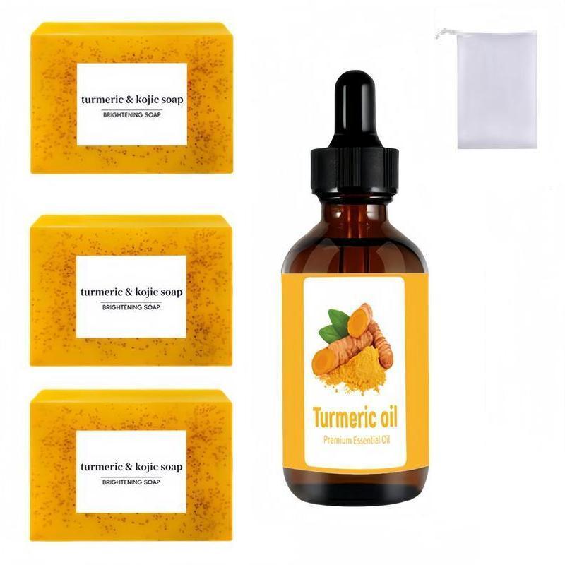 Turmeric Oil & Soap Set, 3 Counts Turmeric Soap Bar with 1 Count Soap Saver Bag & 1 Count Turmeric Essential Oil, Moisturizing Skin Care Set, Christmas Gift