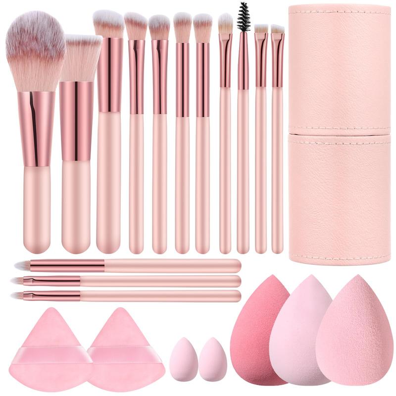 Pink Portable Small Travel Makeup Brush Set with Case and 5 Sponge Set - Ideal Mother's Day and Valentine's Day Gift Cosmetic blush  crunch