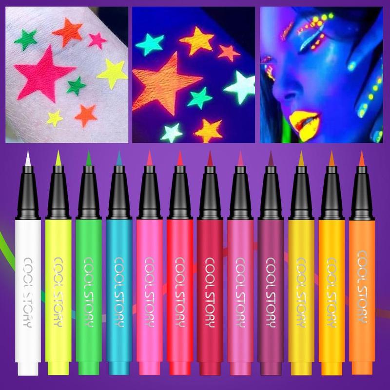 UV Neon Eyeliner Set, 12pcs set Waterproof Long Lasting Eyeliner, Quick Drying Eyeliner Pen, Professional Daily Makeup Accessories