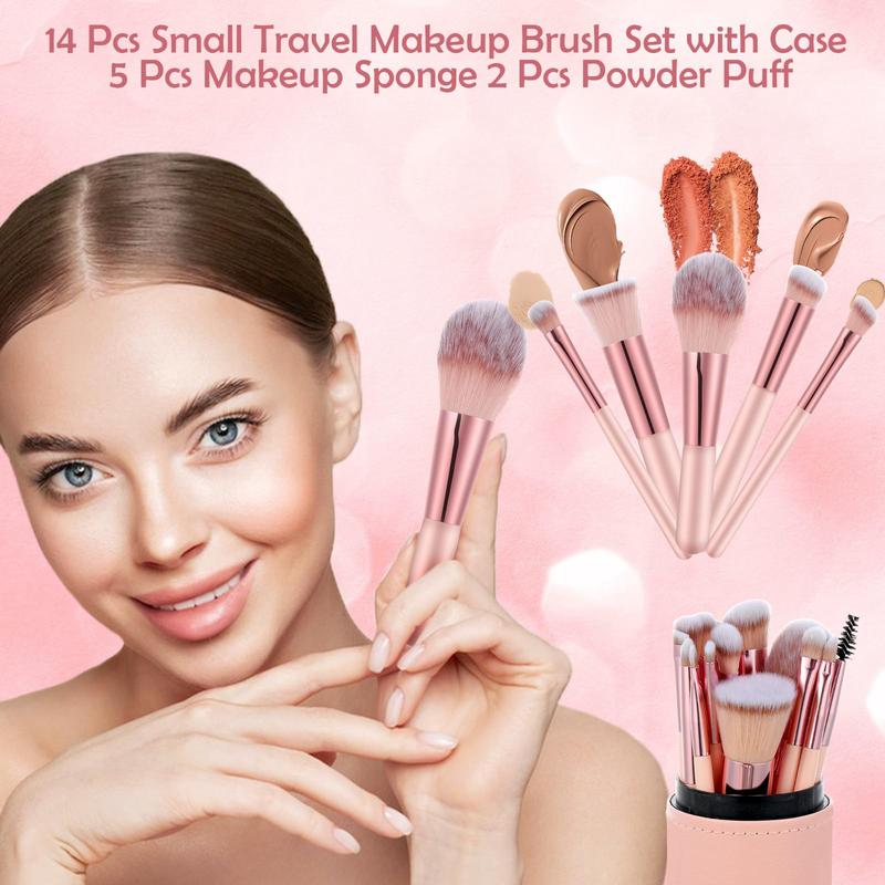 Pink Portable Small Travel Makeup Brush Set with Case and 5 Sponge Set - Ideal Mother's Day and Valentine's Day Gift Cosmetic blush  crunch