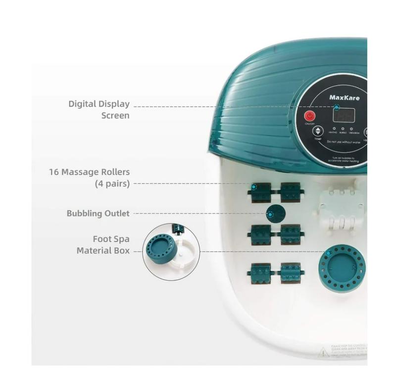 MaxKare Foot Spa Bath Massager with Heat, Bubbles, and Vibration, Digital Temperature Control, 16 Detachable Massage Rollers, Soothe and Comfort Feet