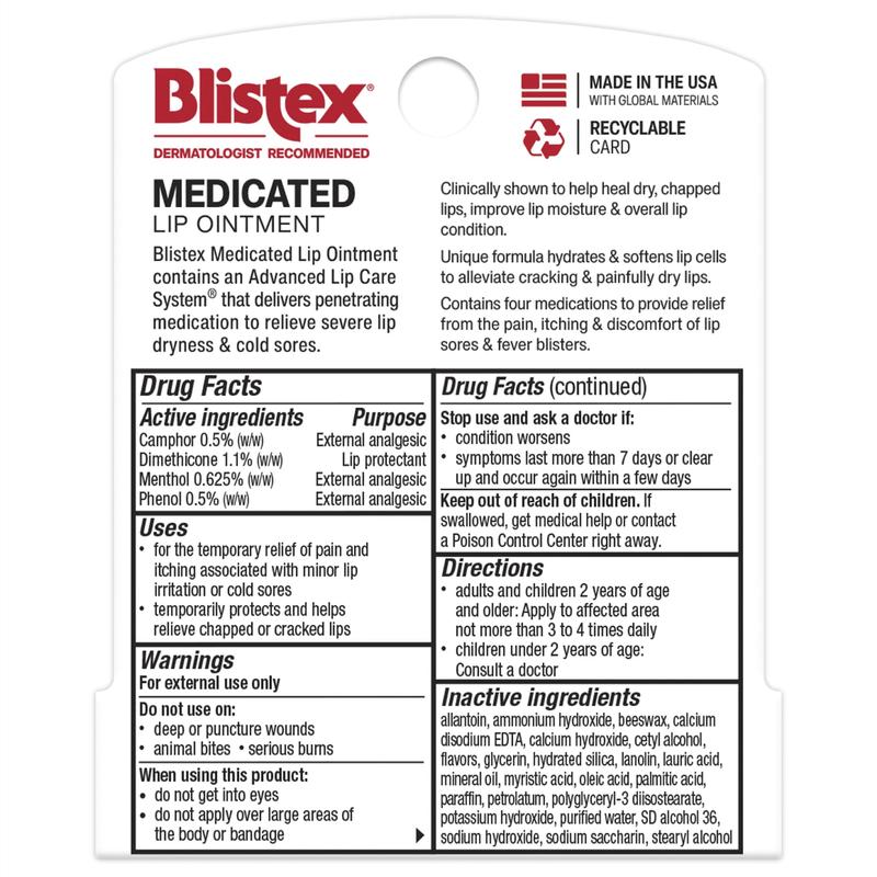 Blistex Medicated Ointment Lip Balm Stick, Relieving, moisturizing, and soothing for lip irritation Cold Sores, 0.21 Ounce (Pack Of 4)