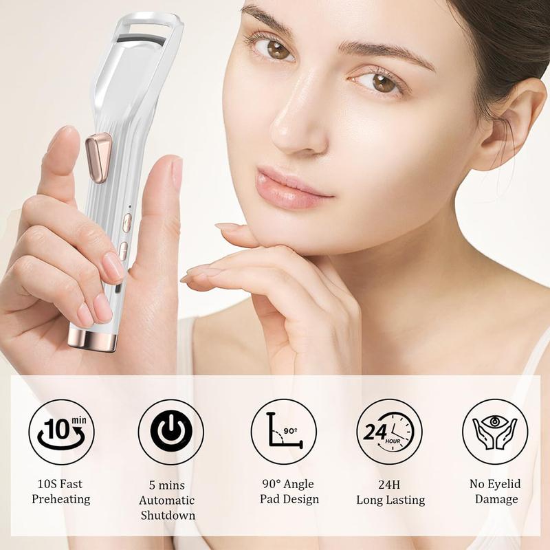 Heated Eyelash Curler - Fast Heat up in 8s - 24 Hours Long Lasting - Rechargeable Electric Eyelash Curler with Type-C, Innovative L Silicone, 2 Heat Modes, Anti-Burn Eyelid