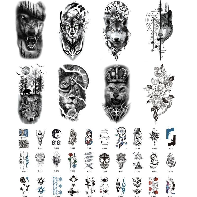 38 sheets Large-Size Realistic Waterproof Tattoo Stickers,Black Temporary Tattoos Stickers, Forearm Designs Featuring Tribal, Wolf, Tiger, Lion, Owl, Skeleton Skull, Temp Halloween Fake Tattoo Stickers, Rose, and Animals Cross &