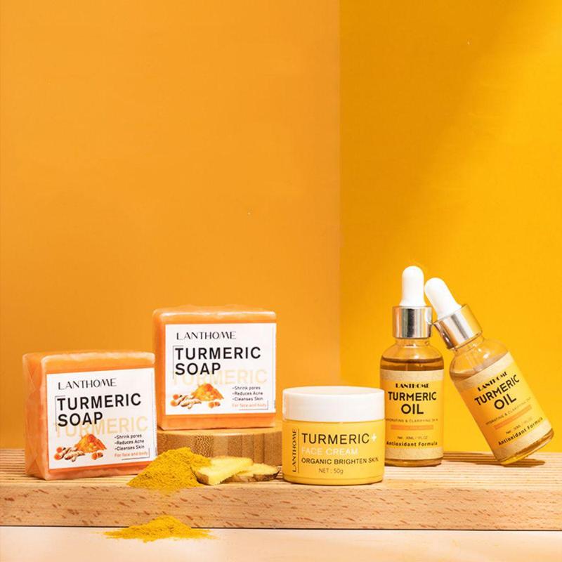 Turmeric Skincare Kit, 1 Set Deep Nourishing Turmeric Oil & Soap & Cream, Moisturizing Skin Care Kit for Women & Men Daily Use, Christmas Gift