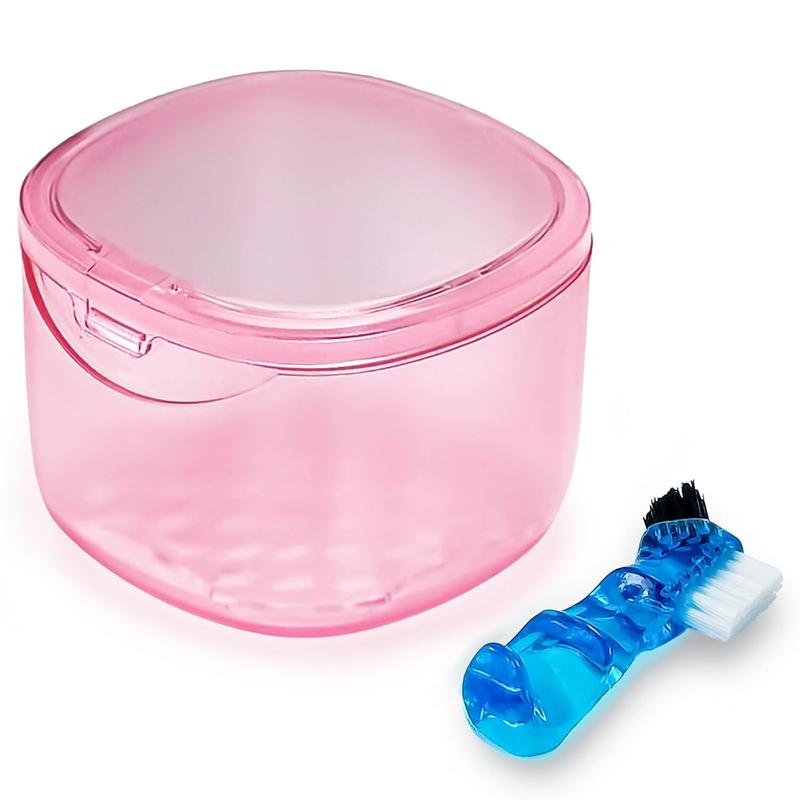 Travel Denture Case Denture Soaking Container with Brush, Denture Cleaning Case Retainer Bath Box Case False  Container - Leak Proof & Lid  - Transparent Pink