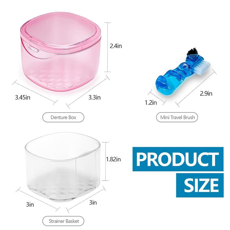 Travel Denture Case Denture Soaking Container with Brush, Denture Cleaning Case Retainer Bath Box Case False  Container - Leak Proof & Lid  - Transparent Pink