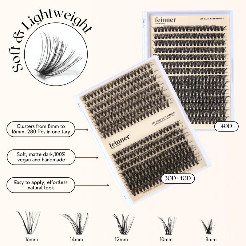 feinner DIY Lash Extension Kit 30D 40D  Individual Eyelash Clusters with Lash Bond and Seal,Remover,Tweezer Waterproof Eyelash Extensions Makeup