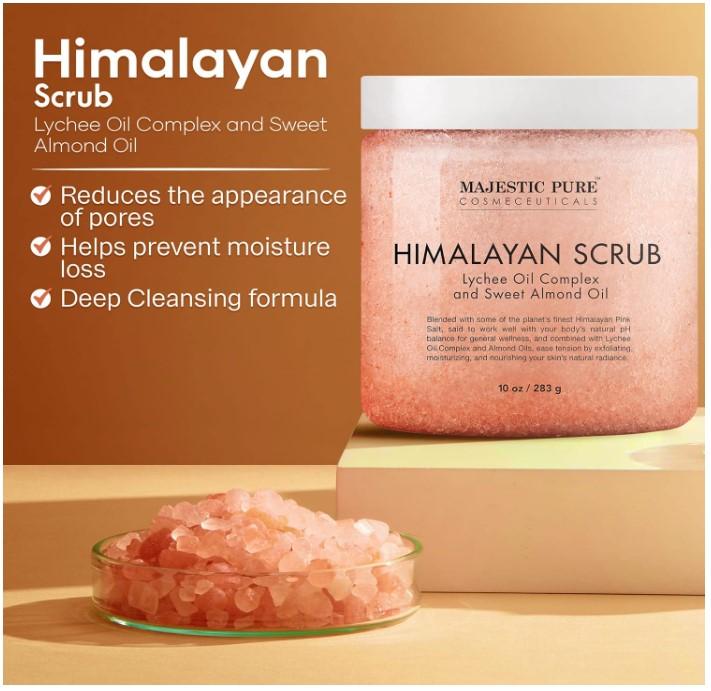 MAJESTIC PURE Himalayan Salt Body Scrub with Lychee Oil, Exfoliating Salt Scrub to Exfoliate & Moisturize Skin, Deep Cleansing - 10 oz