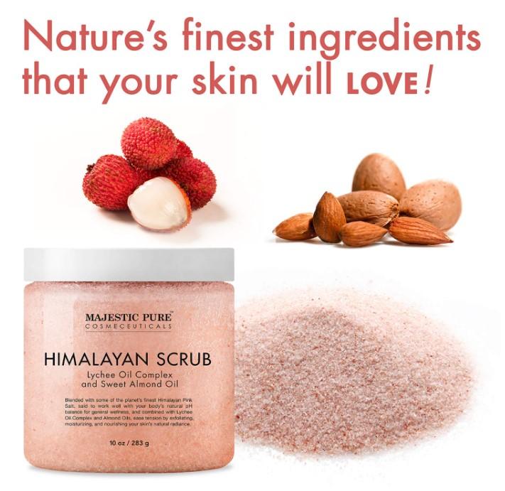 MAJESTIC PURE Himalayan Salt Body Scrub with Lychee Oil, Exfoliating Salt Scrub to Exfoliate & Moisturize Skin, Deep Cleansing - 10 oz