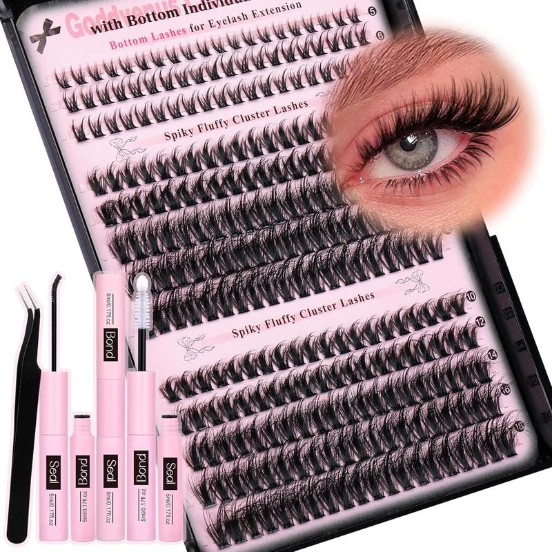 Lash Extension Kit Wispy Eyelash Clusters Kit Natural C Curl Fluffy Cluster Eyelash Extensions Individual Lashes Kit with Bottom Lash Clusters Waterproof Bond and Seal Tweezers DIY at Home