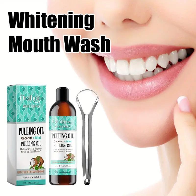 Coconut & Mint Pulling Oil Mouthwash, Fresh Breath & Oral Care, Teeth Whitening Liquid With Tongue Scraper