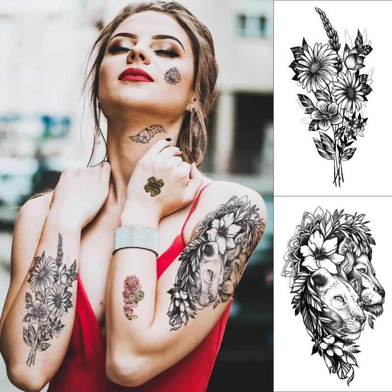 46 Sheets Full Arm Temporary Tattoo with Lion, Temporary Tattoo Sleeves for Men, Fake Tattoos Adult Realistic with Flower, Full Sleeve Tattoos for Women, Wolf Eagle  Deer