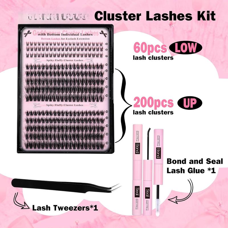 Lash Extension Kit Wispy Eyelash Clusters Kit Natural C Curl Fluffy Cluster Eyelash Extensions Individual Lashes Kit with Bottom Lash Clusters Waterproof Bond and Seal Tweezers DIY at Home