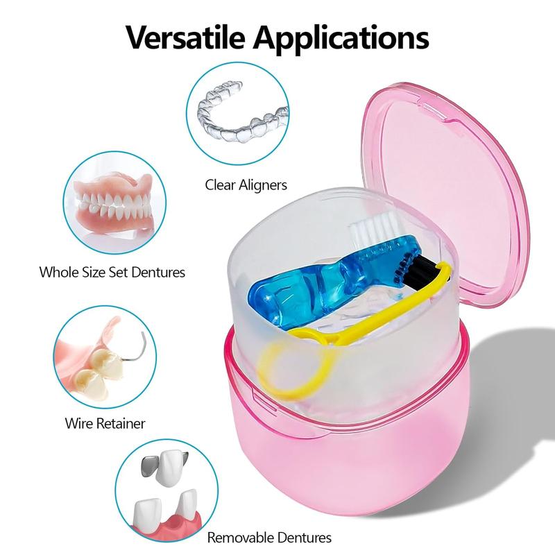 Travel Denture Case Denture Soaking Container with Brush, Denture Cleaning Case Retainer Bath Box Case False  Container - Leak Proof & Lid  - Transparent Pink