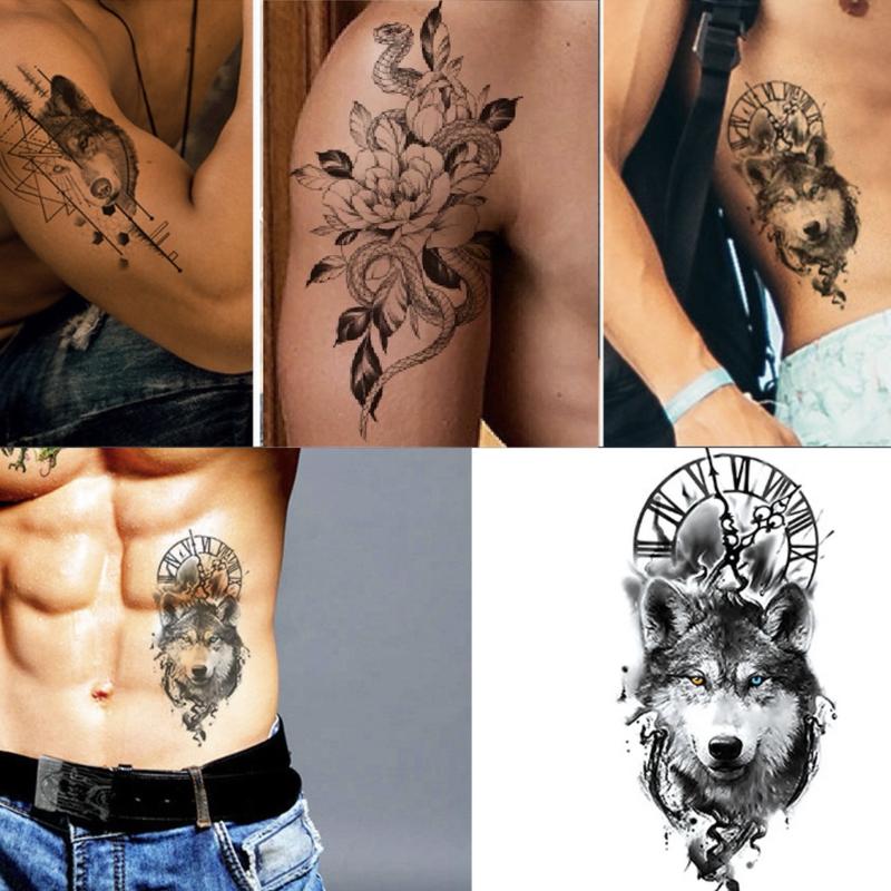 38 sheets Large-Size Realistic Waterproof Tattoo Stickers,Black Temporary Tattoos Stickers, Forearm Designs Featuring Tribal, Wolf, Tiger, Lion, Owl, Skeleton Skull, Temp Halloween Fake Tattoo Stickers, Rose, and Animals Cross &