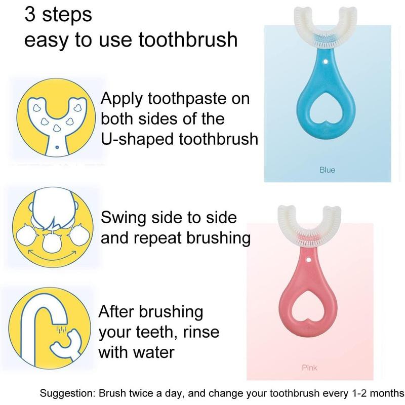 2 Pcs U-Shaped Kids Toothbrush, Premium Soft Manual Training Toothbrush for Kids 2-6 Years Old. (Blue+Pink)