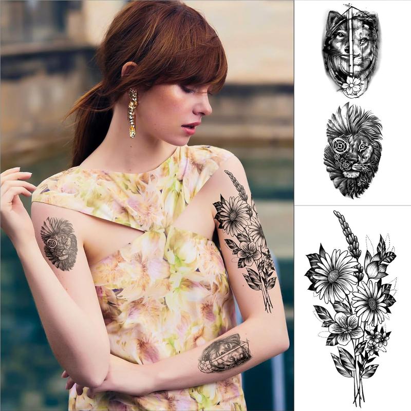 46 Sheets Full Arm Temporary Tattoo with Lion, Temporary Tattoo Sleeves for Men, Fake Tattoos Adult Realistic with Flower, Full Sleeve Tattoos for Women, Wolf Eagle  Deer