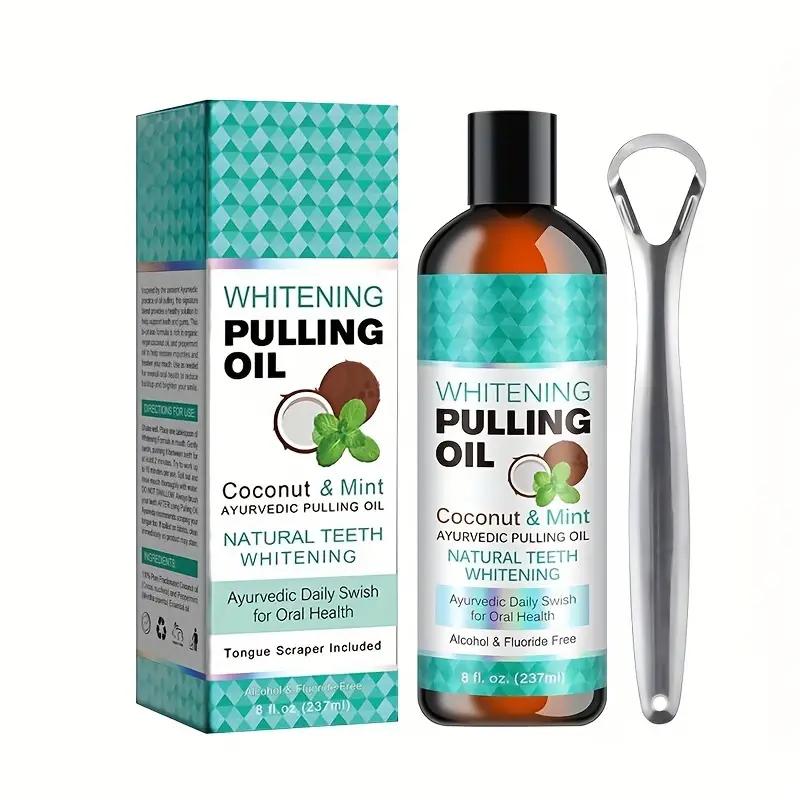 Coconut & Mint Pulling Oil Mouthwash, Fresh Breath & Oral Care, Teeth Whitening Liquid With Tongue Scraper