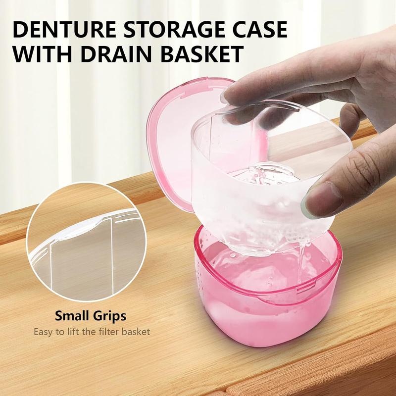 Travel Denture Case Denture Soaking Container with Brush, Denture Cleaning Case Retainer Bath Box Case False  Container - Leak Proof & Lid  - Transparent Pink