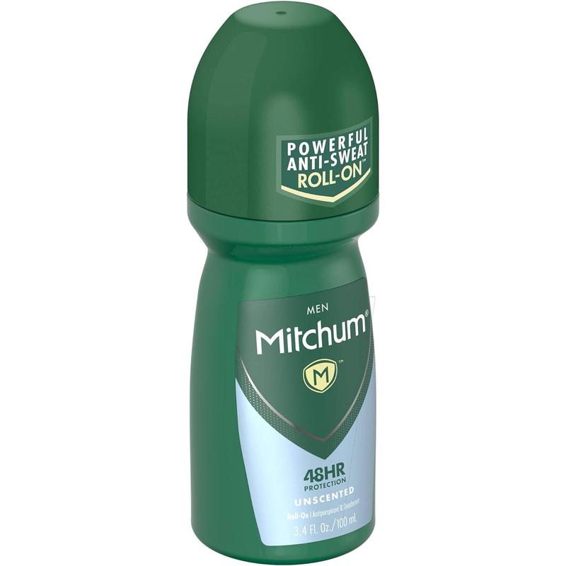 Mitchum Men Powerful Anti-Sweat Antiperspirant Deodorant Roll On, Unscented, 3.4 oz (Pack Of 4)